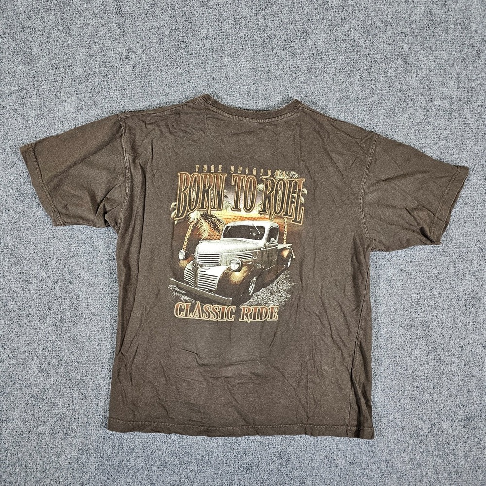 Vintage Newport Blue "Born To Roll" Classic Car Graphic T Shirt Brown Mens Sz XL